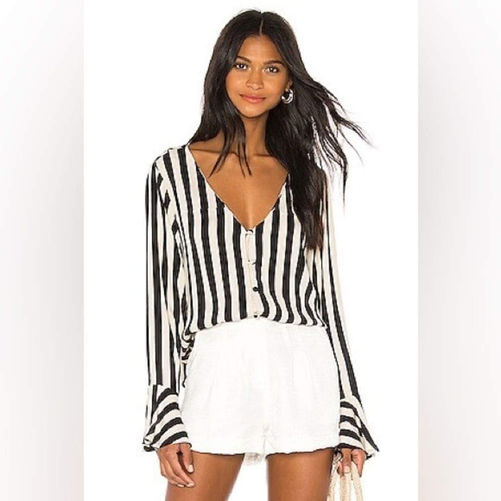 Amuse Society Always Something Button Front Blouse Striped Cream Black‎ Small